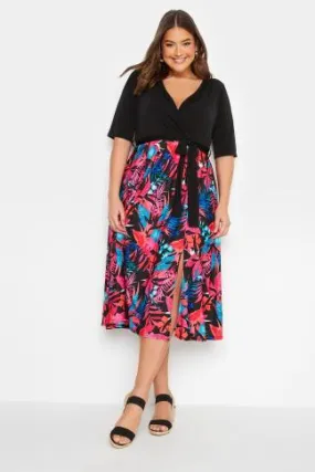 YOURS LONDON Curve Black Tropical Print Wrap Dress