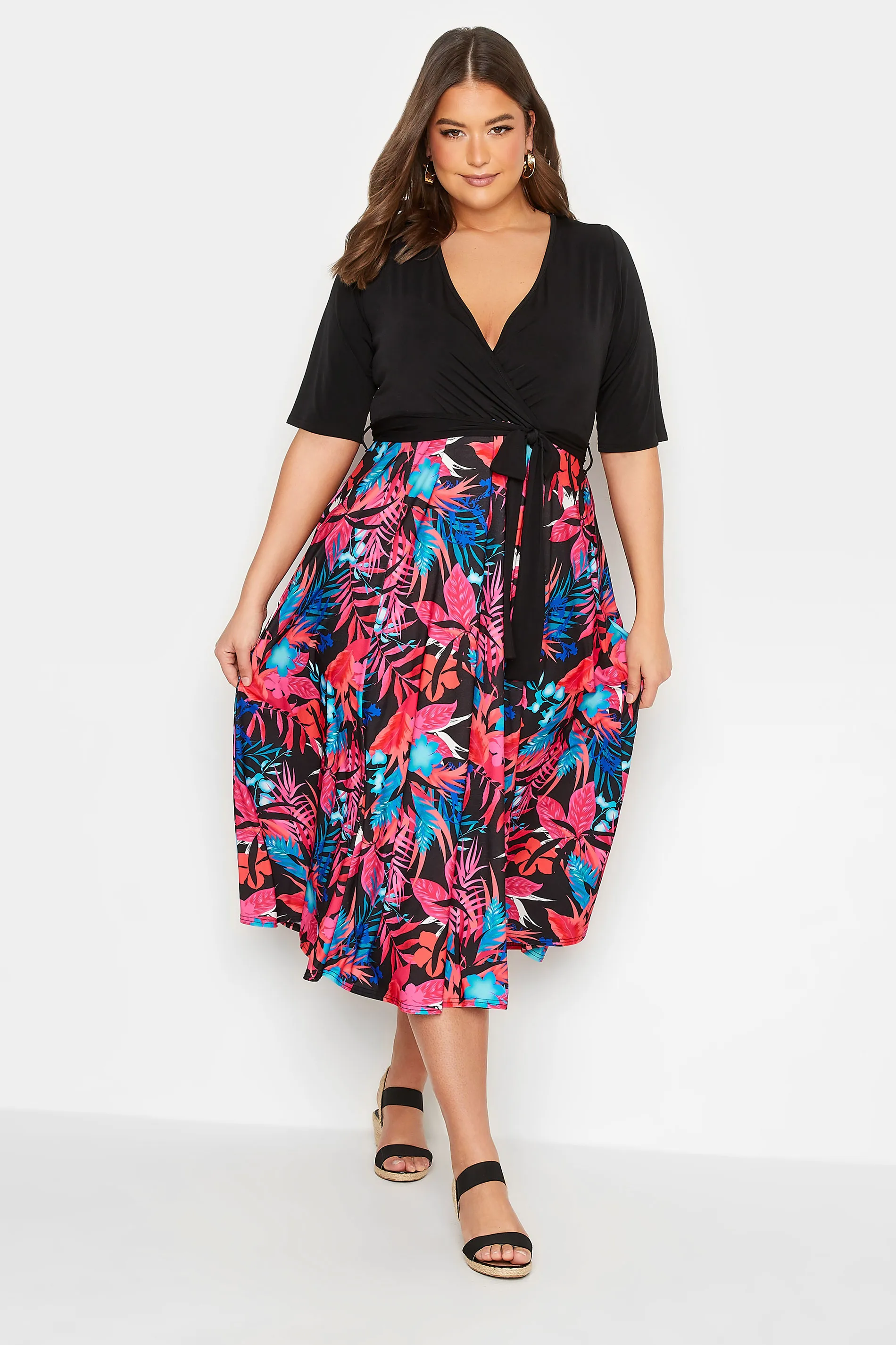 YOURS LONDON Curve Black Tropical Print Wrap Dress