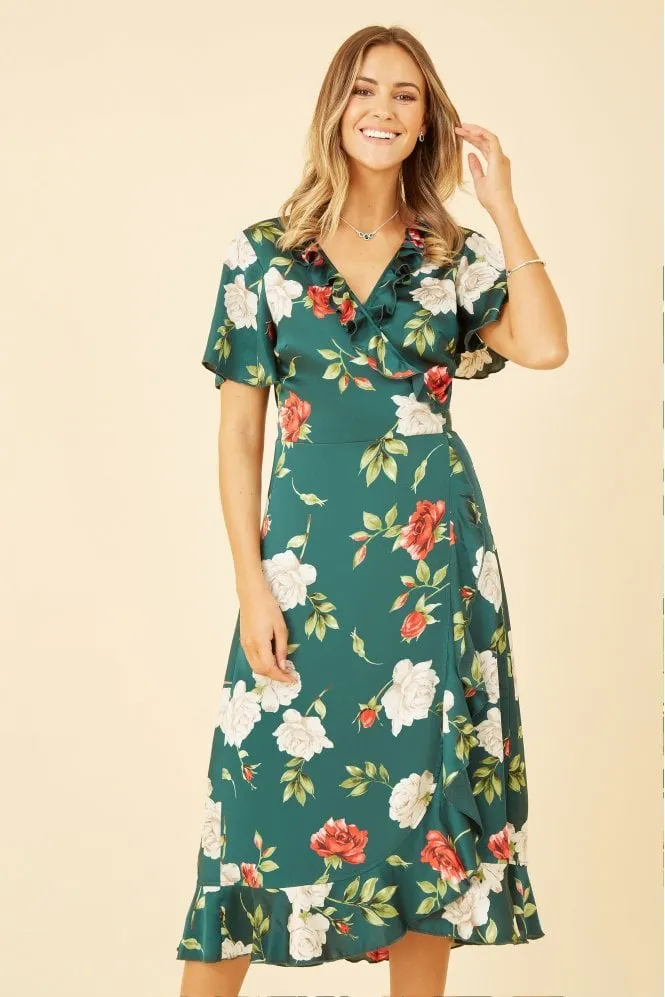 Yumi Green Satin Rose Print Wrap Dress