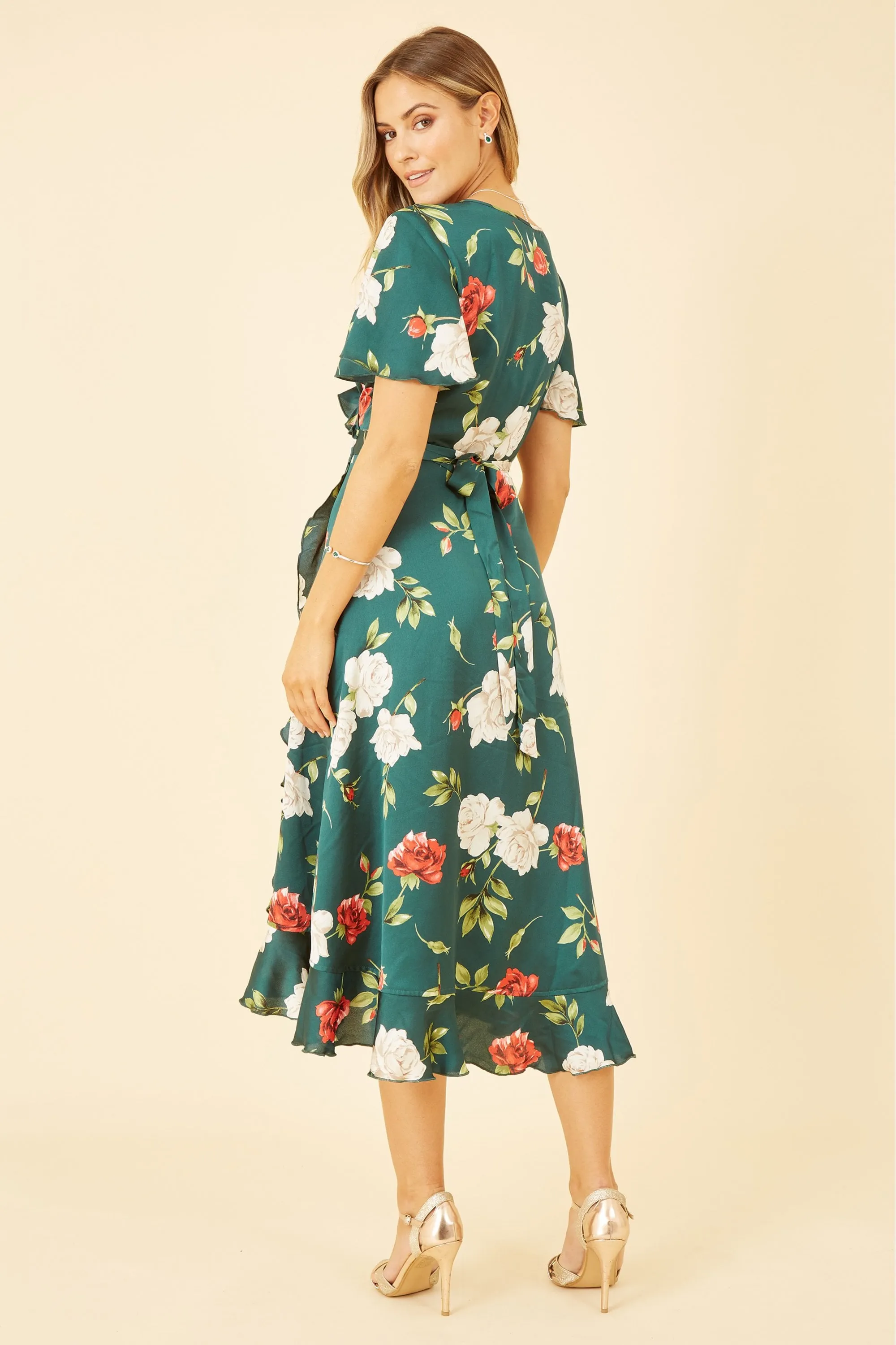 Yumi Green Satin Rose Print Wrap Dress