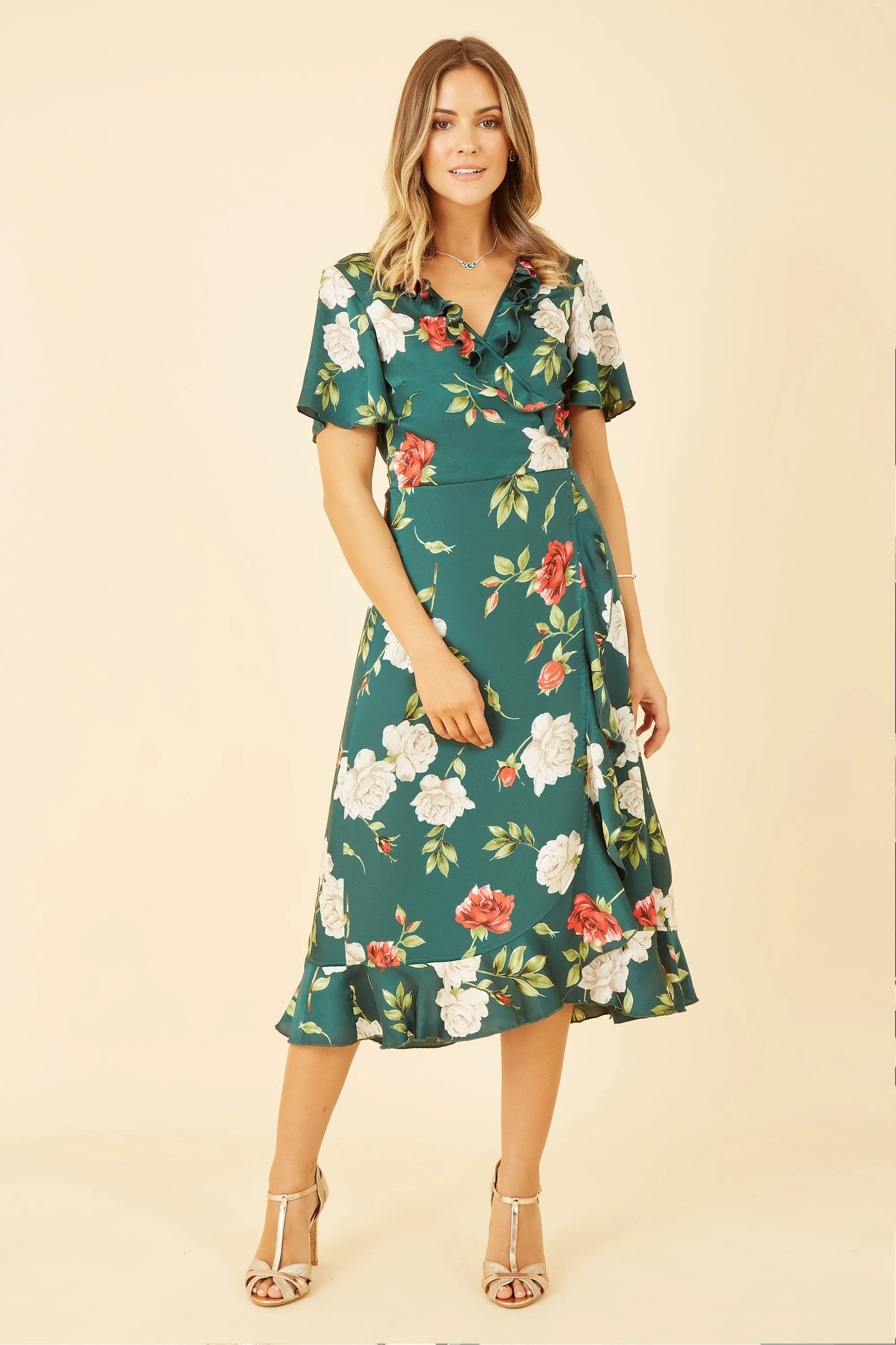 Yumi Green Satin Rose Print Wrap Dress