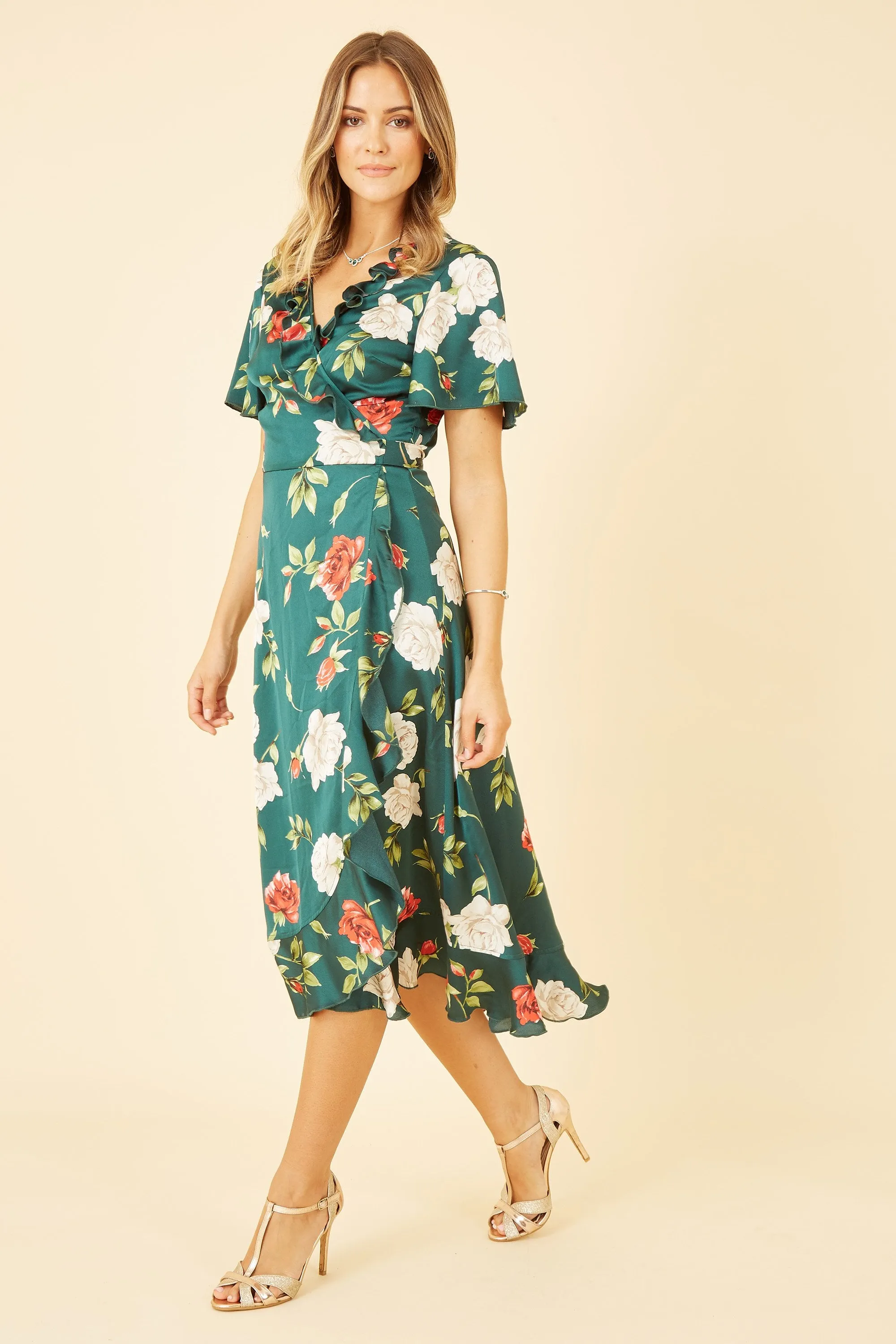 Yumi Green Satin Rose Print Wrap Dress