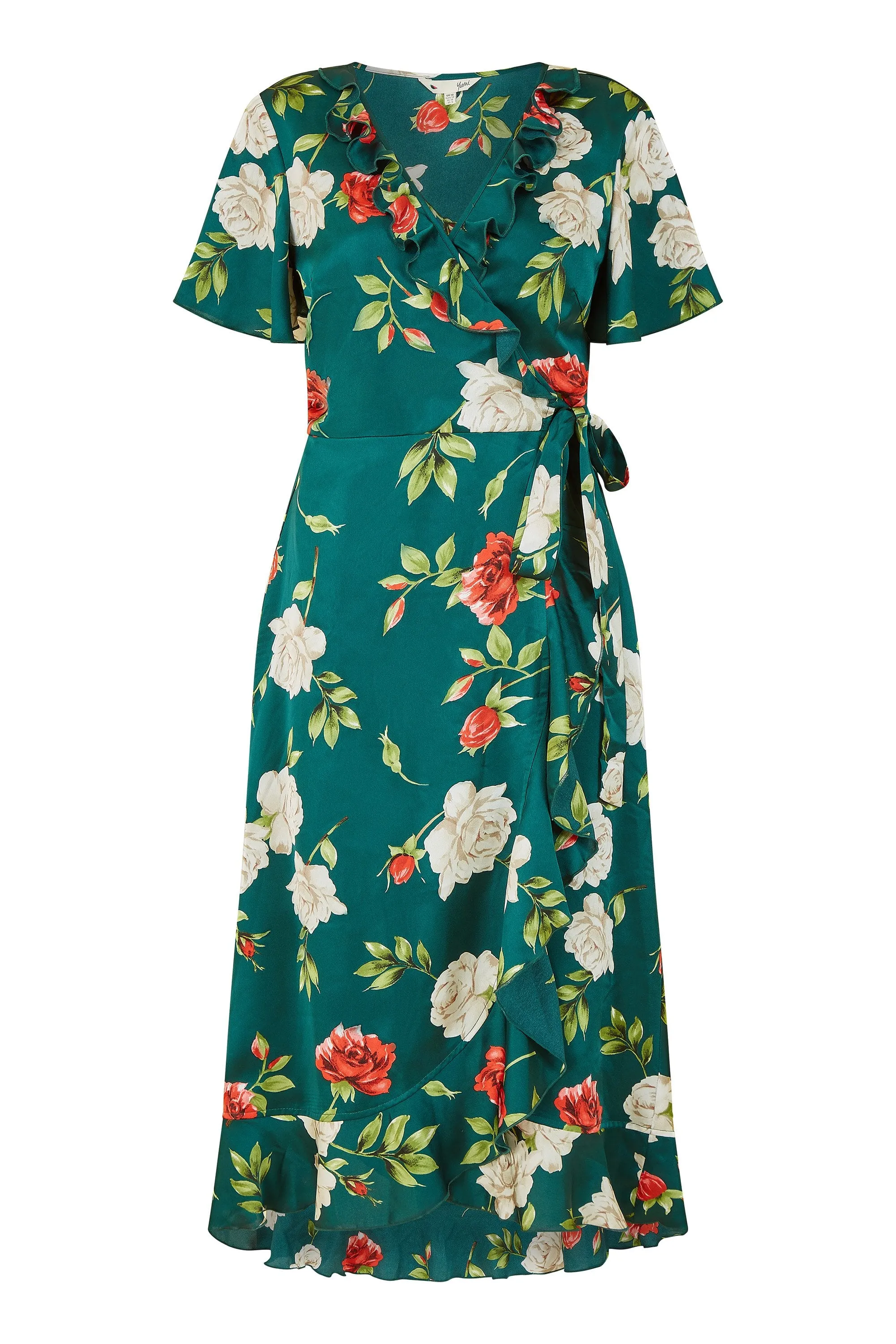 Yumi Green Satin Rose Print Wrap Dress